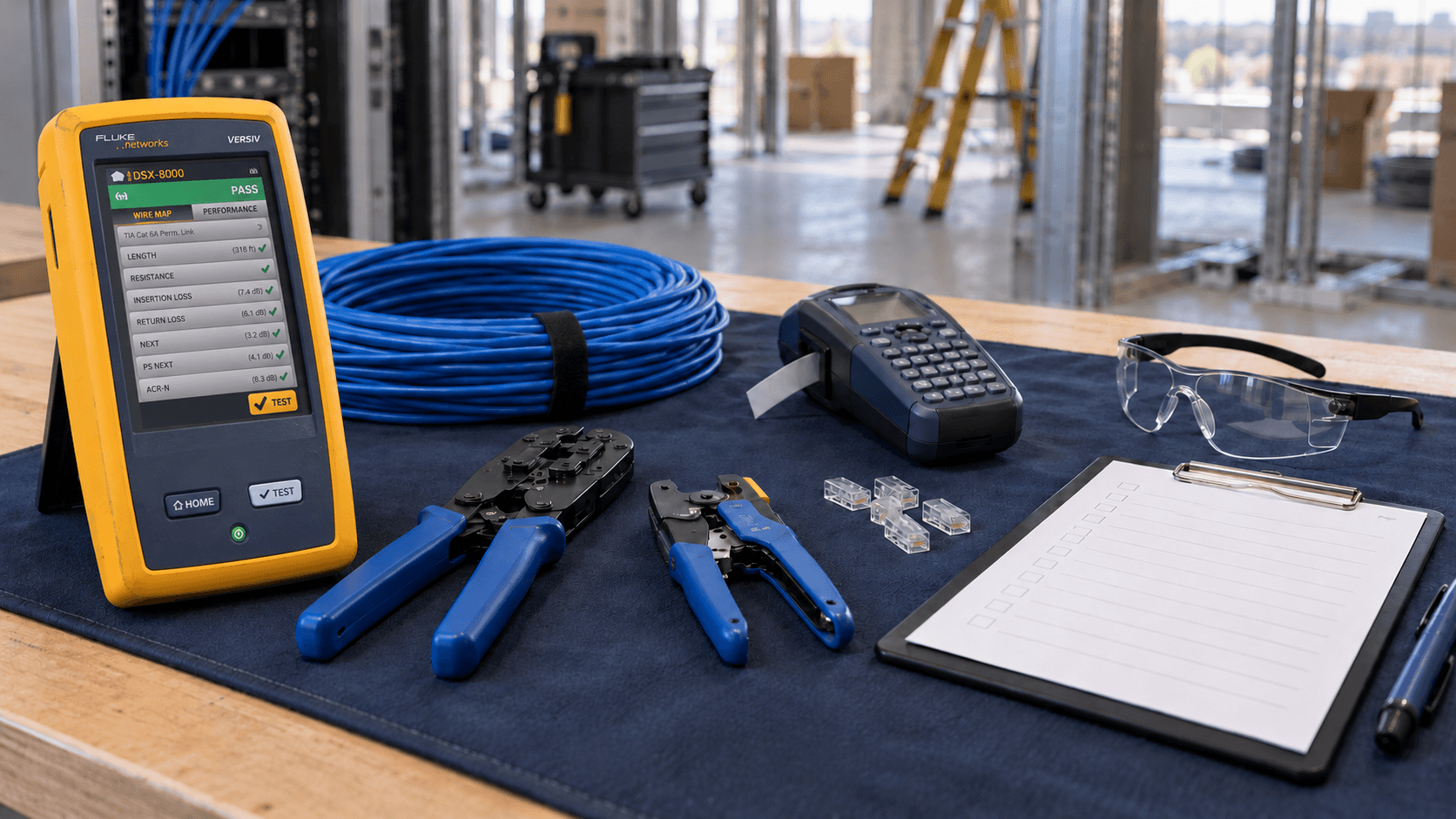 Fluke Networks DSX-8000 CableAnalyzer and tools prepared for commercial field work