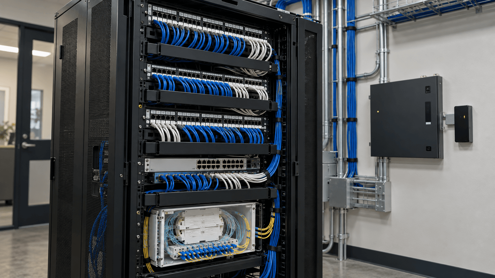 Organized network cabinet, fiber connections and commercial access infrastructure