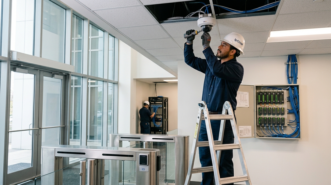 IpOctet field technician installing NDAA-compliant IP surveillance cameras and access control turnstile infrastructure