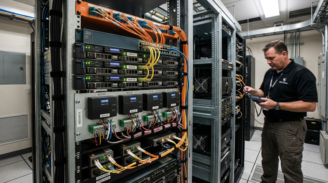 Illustrative technician inspecting surveillance and network rack equipment