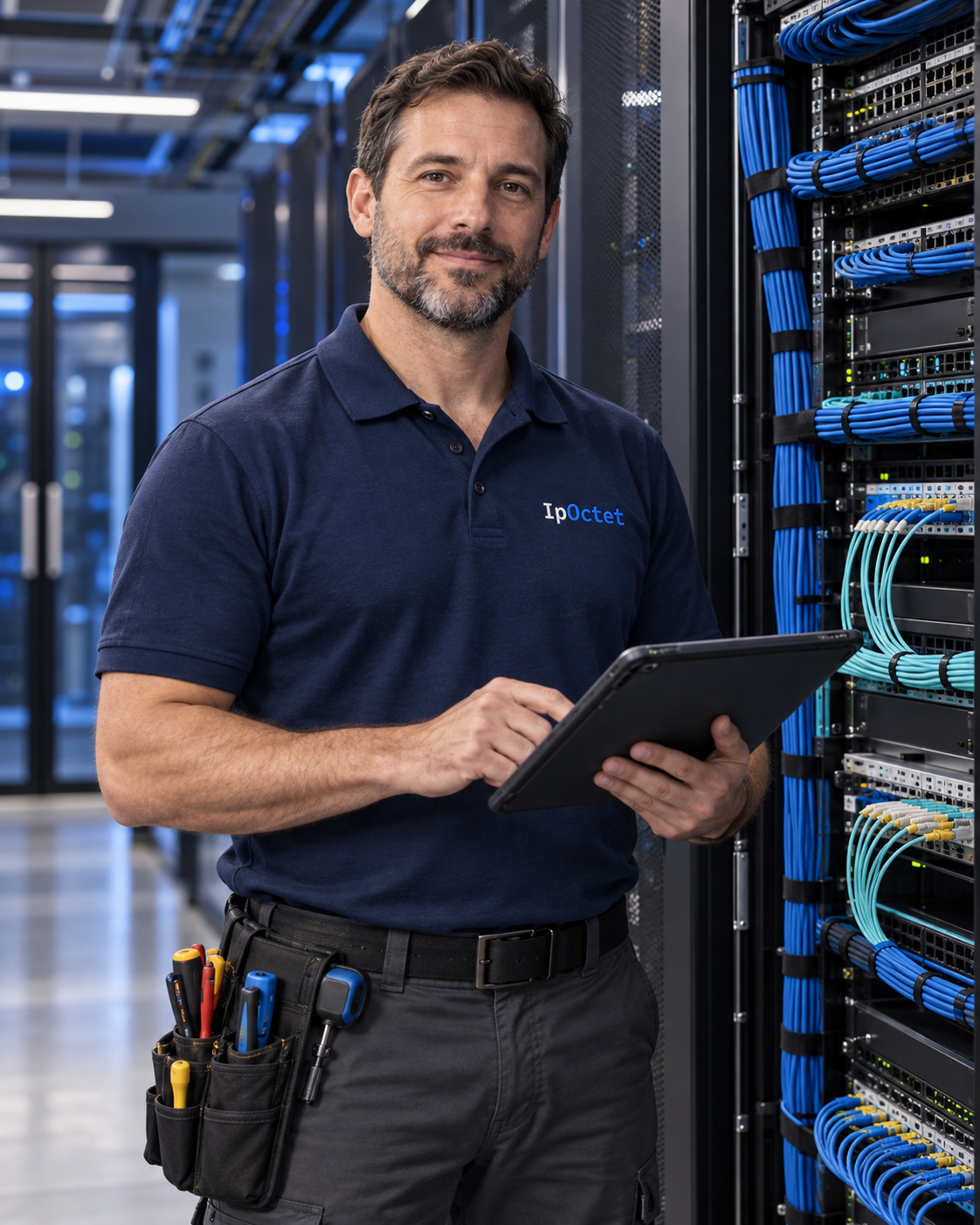 Technician wearing an IpOctet polo reviewing a tablet beside structured cabling racks