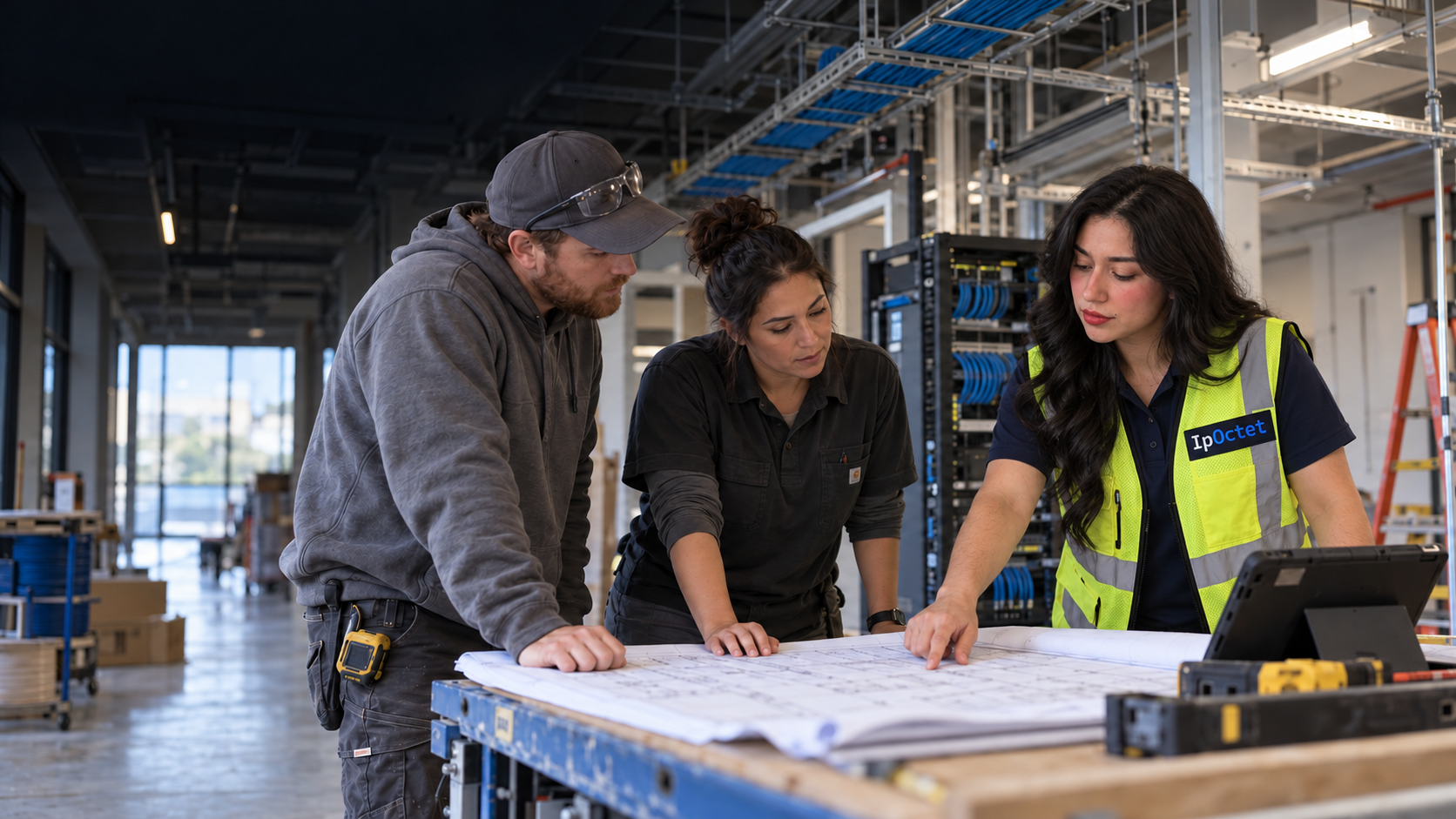 Illustrative adaptation of Katerin Araujo in an IpOctet reflective vest reviewing a project plan with independent trade partners