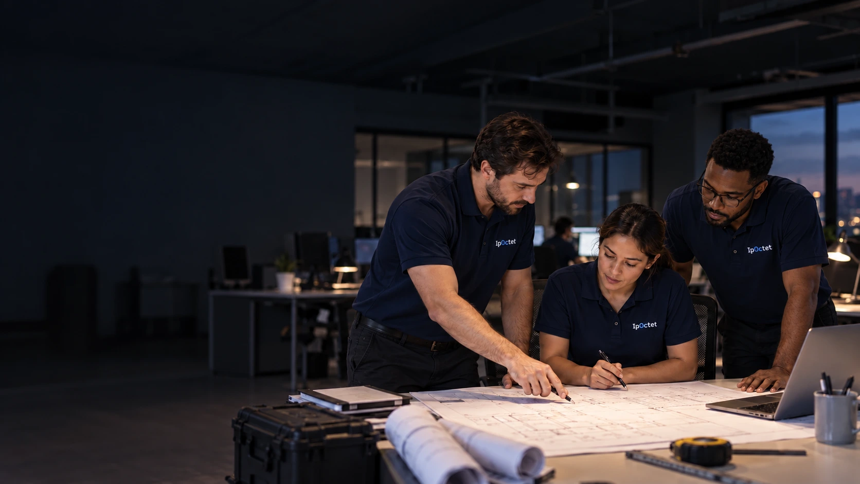 Illustrative company infrastructure and workplace scene