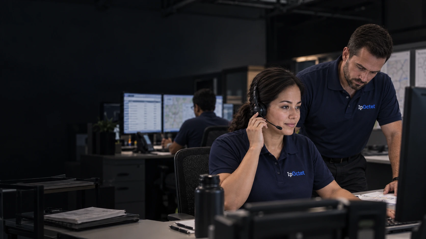 Illustrative contact infrastructure and workplace scene
