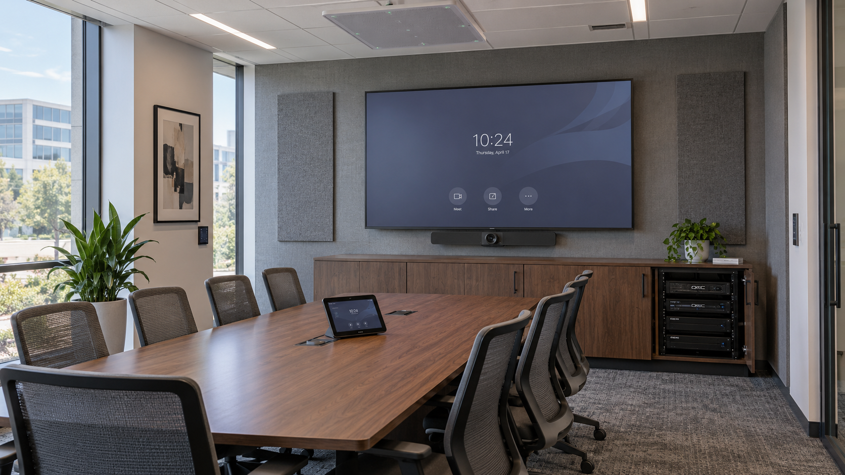 Illustrative meeting room with integrated display, ceiling microphone and conference controller