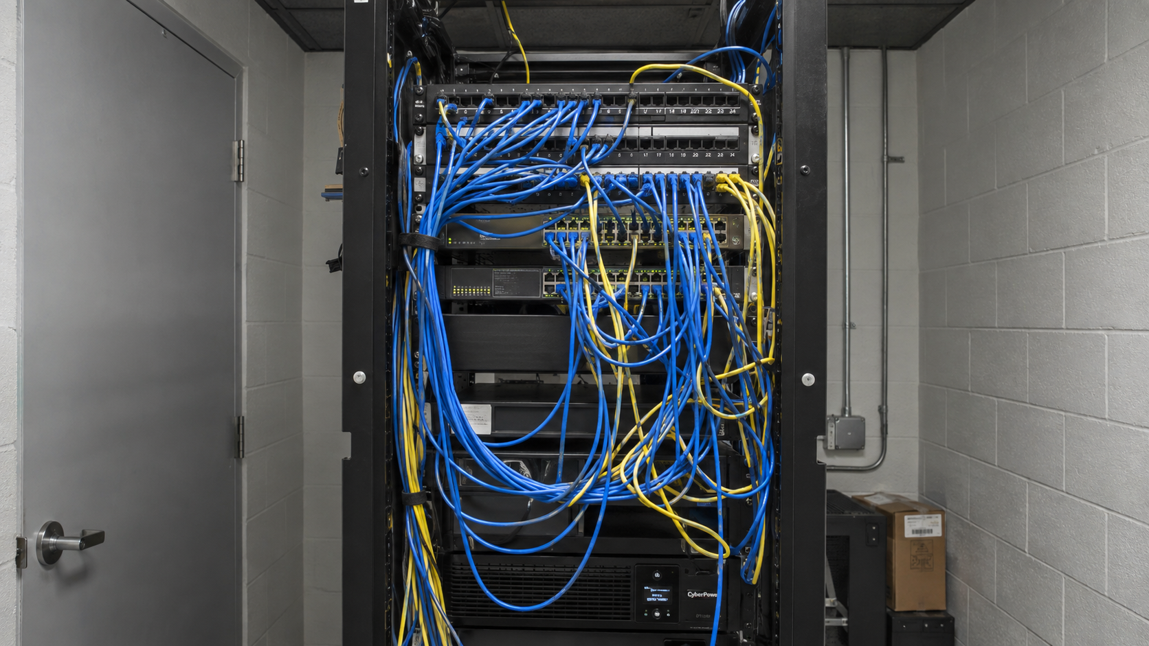 Illustrative network closet before remediation, with tangled patch cords across the same rack