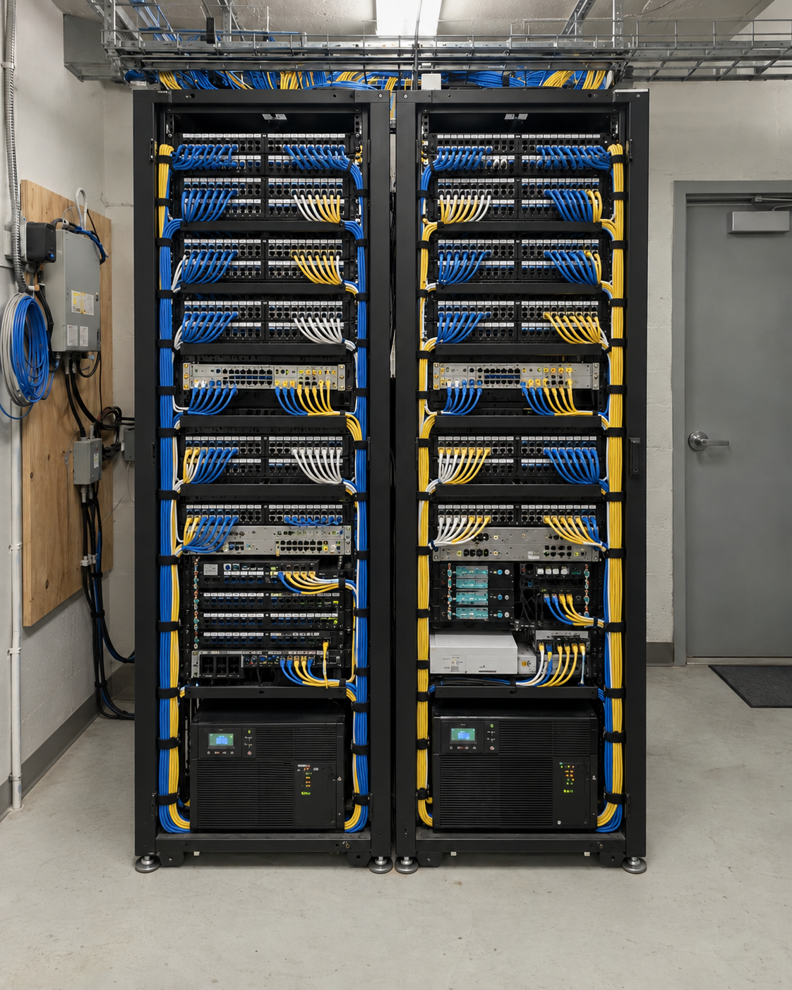 Illustrative MDF after remediation with organized patch leads in the same two racks and room