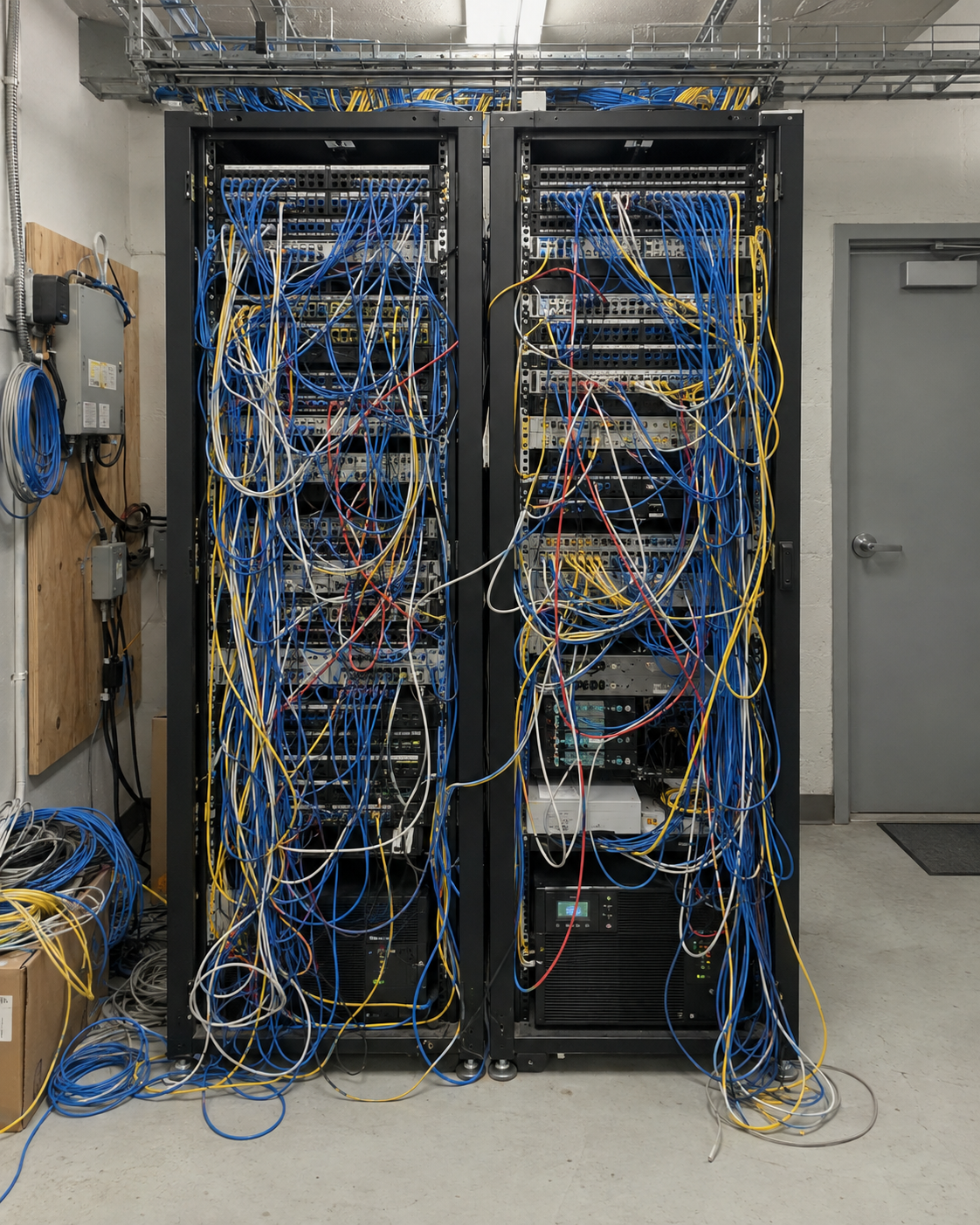 Illustrative MDF before remediation with tangled patch leads and loose cable coils across two racks