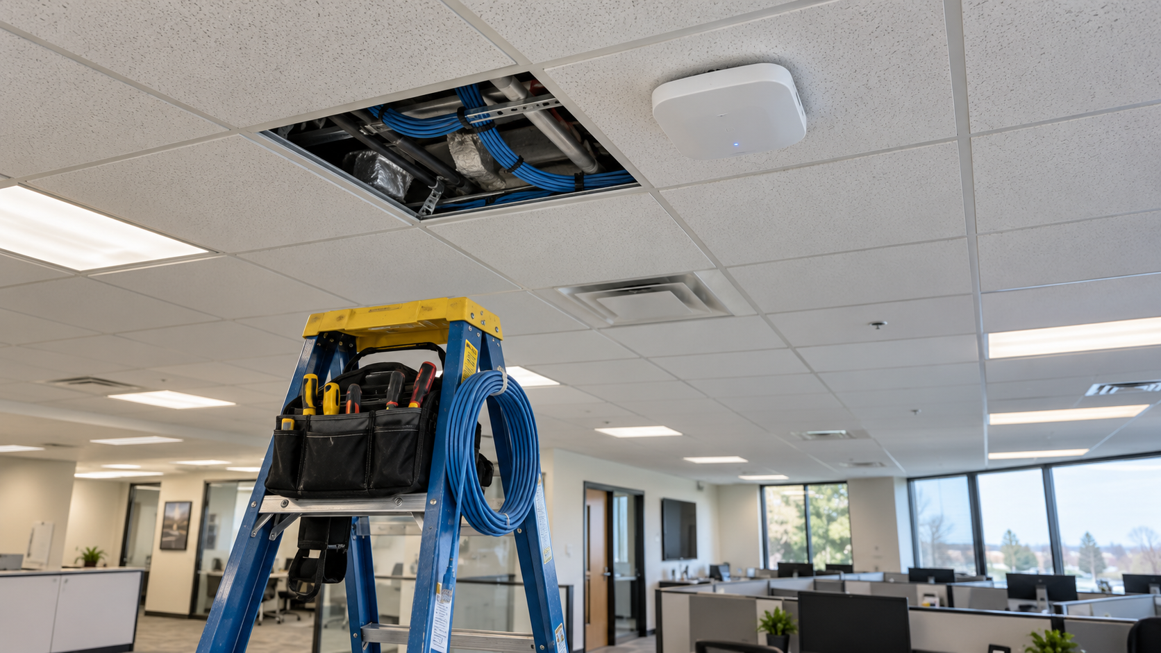 Illustrative enterprise Wi-Fi access point installed on an office ceiling with an accessible cable pathway