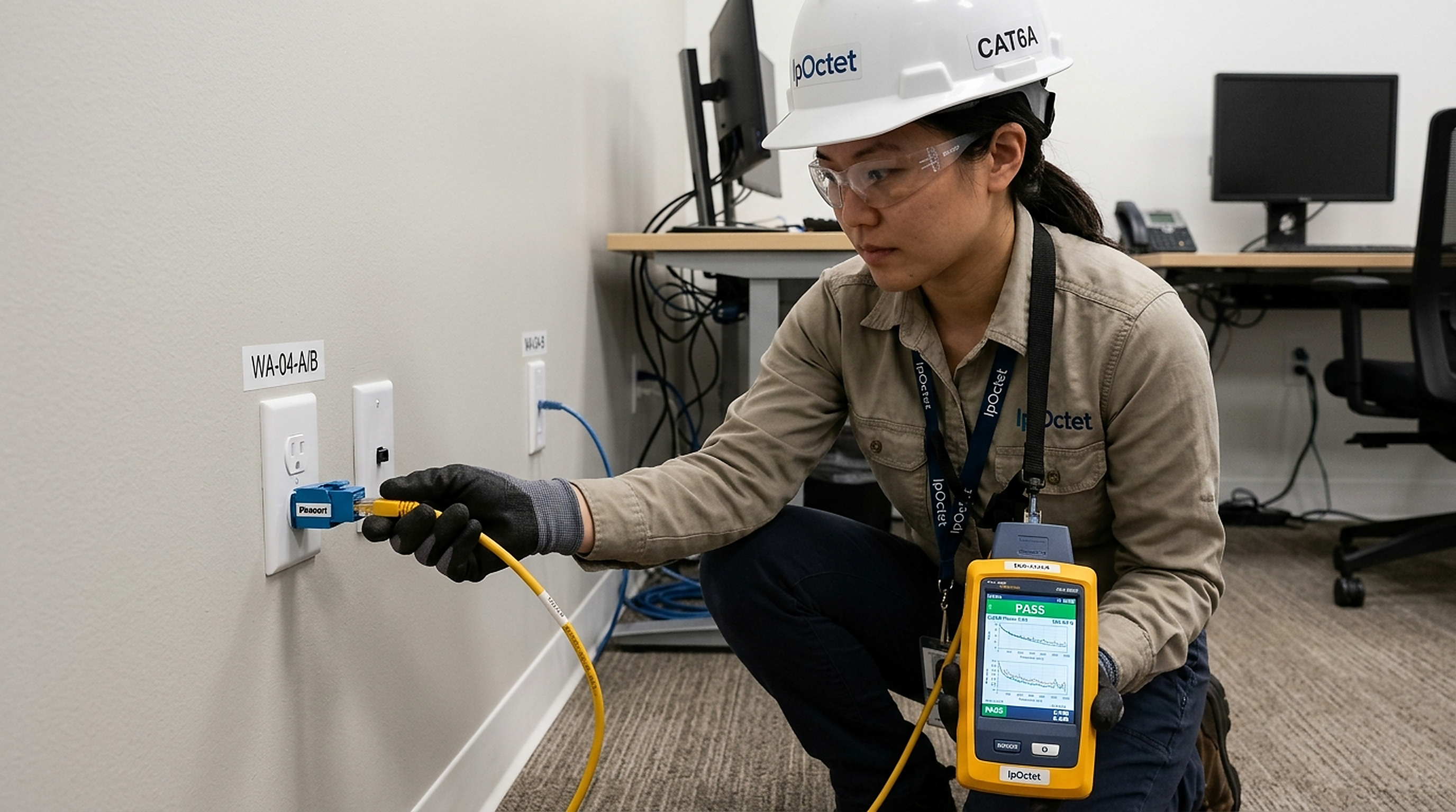 Certified low voltage technician in white hard hat testing Cat6A copper permanent link at Work Area WA-04 faceplate with Fluke Networks analyzer showing green pass