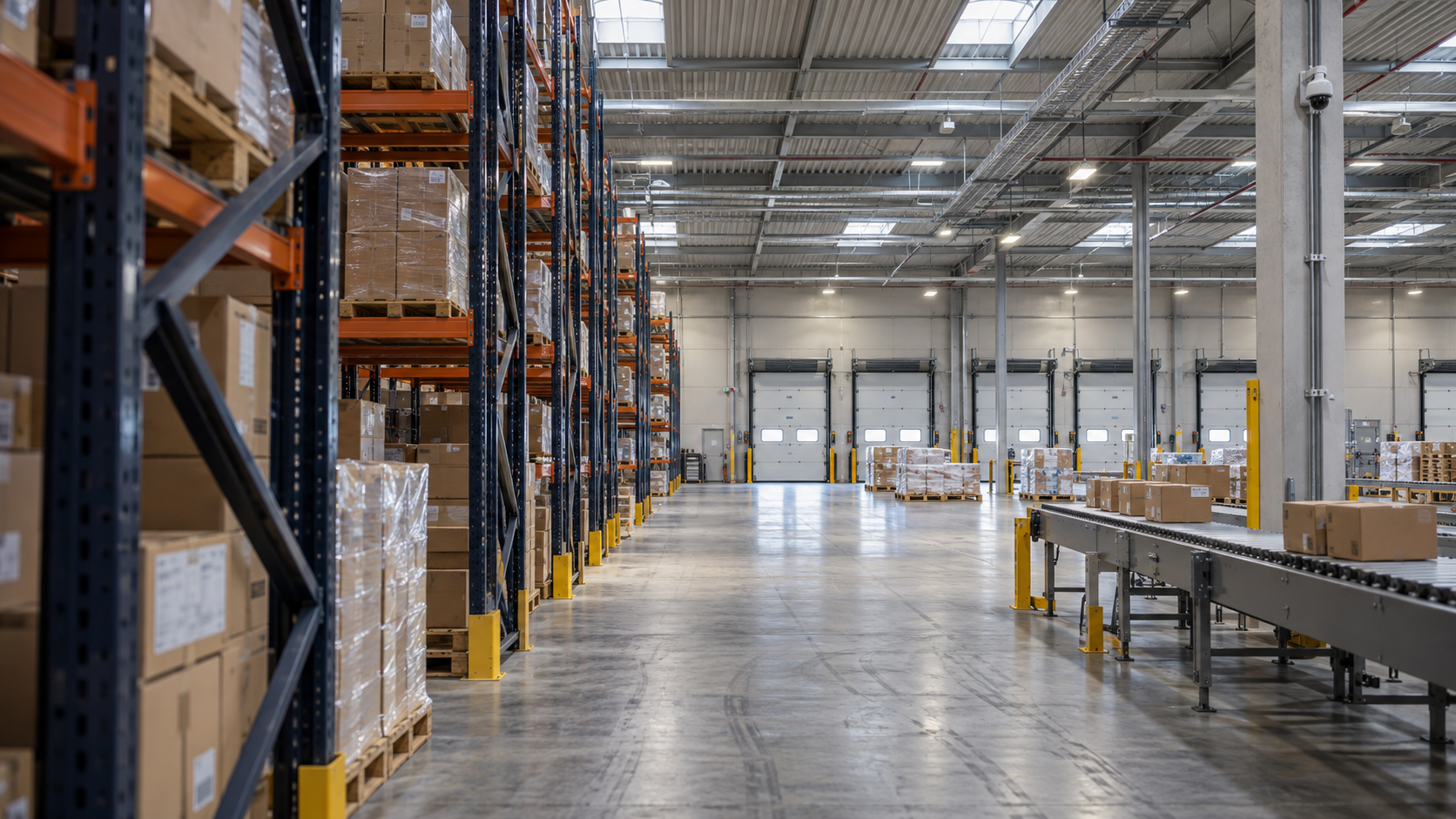 Illustrative logistics distribution facility with conveyors and overhead infrastructure
