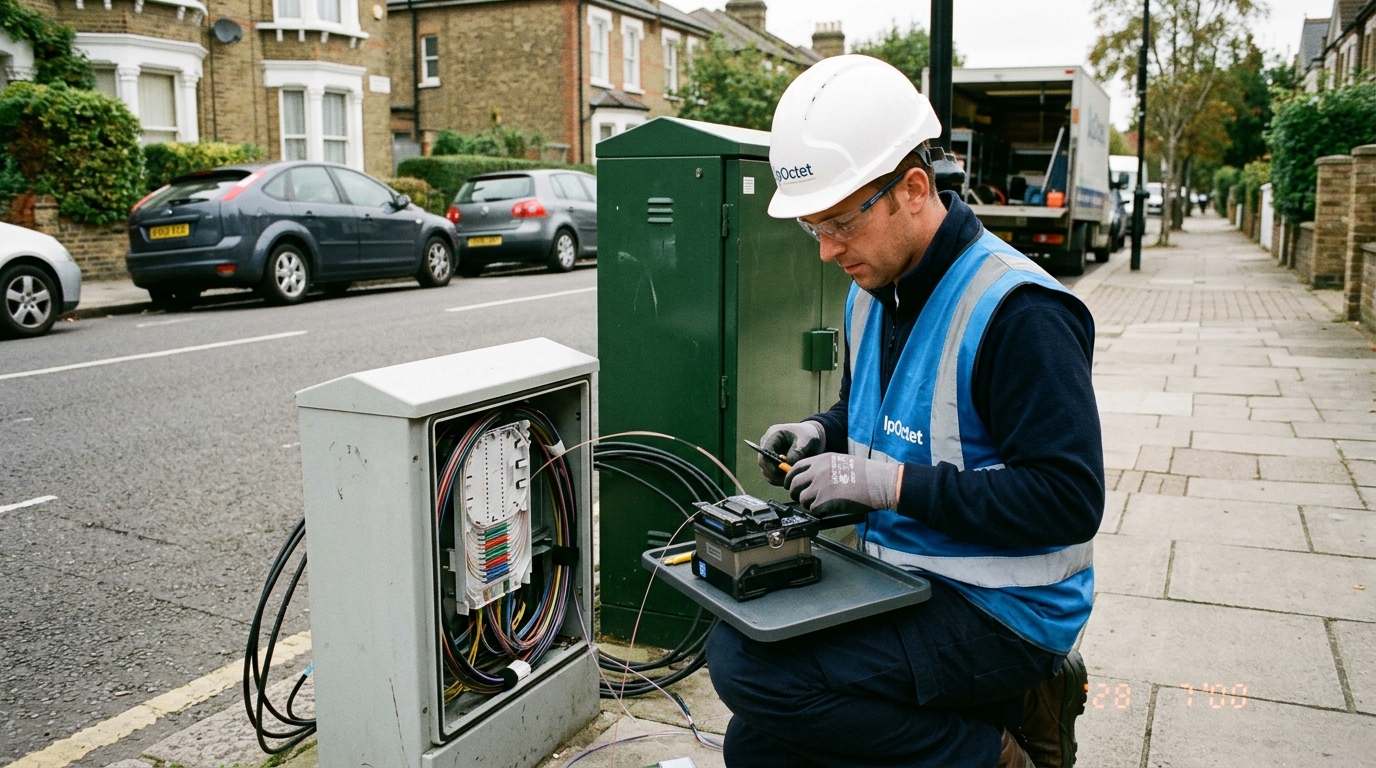 IpOctet technician performing precision optical fiber fusion splicing at a street telecommunications cabinet