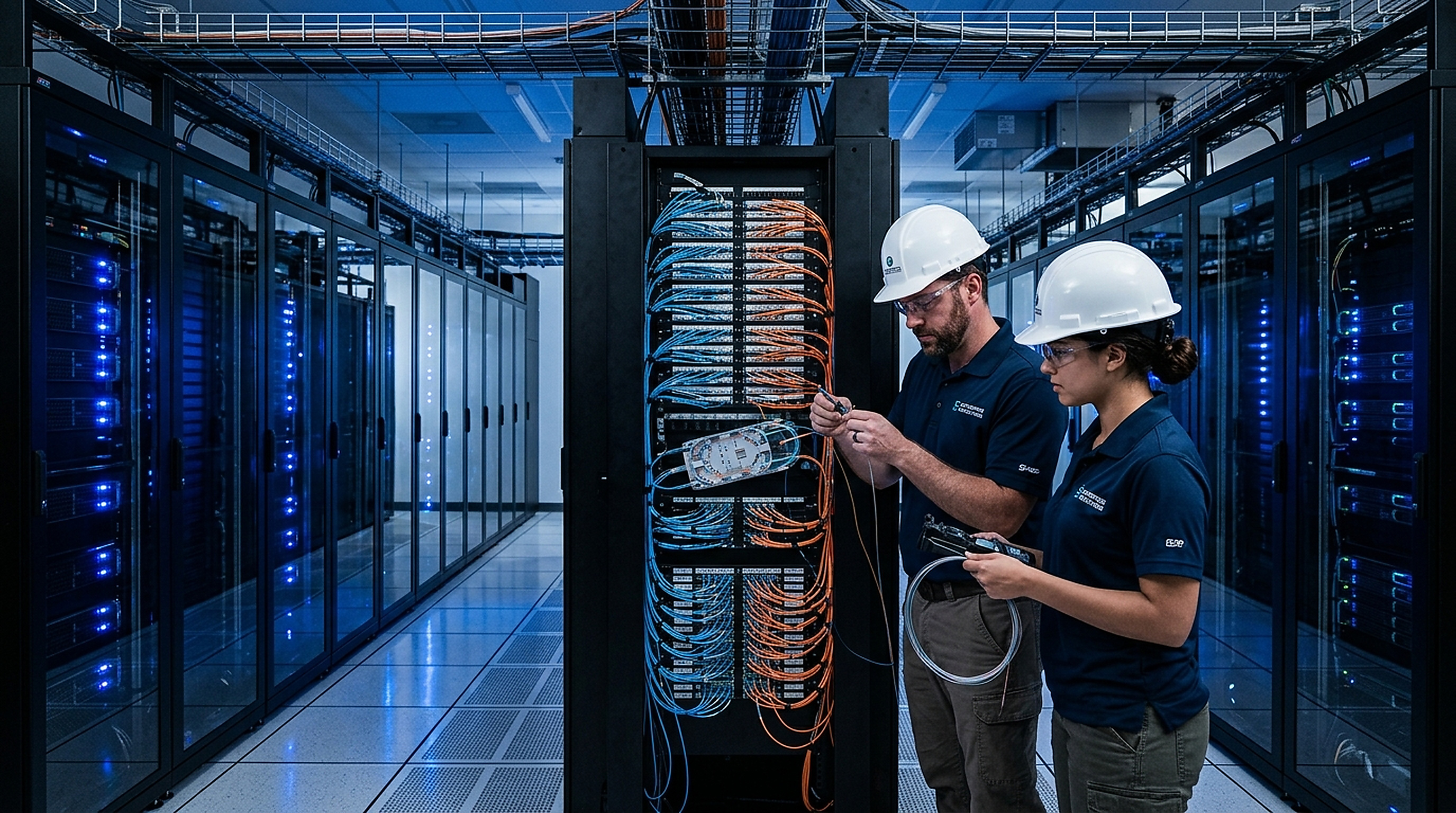 IpOctet field engineers in white hard hats performing scheduled fiber patch cutover in Tier-IV enterprise data center hall