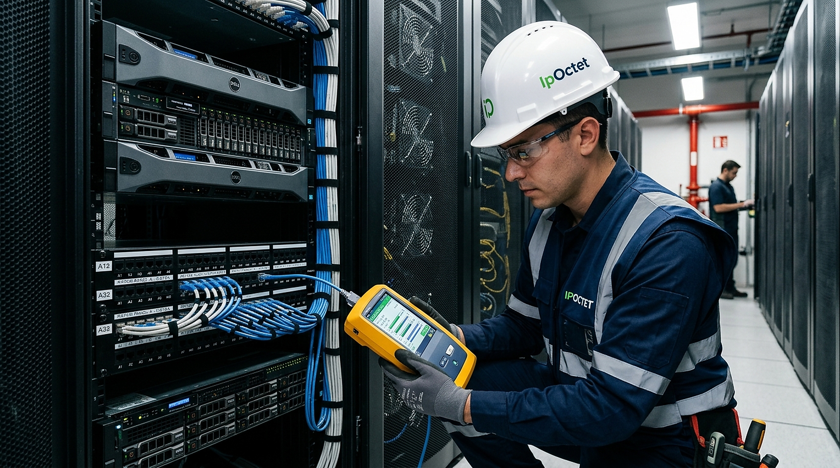 Certified IpOctet low voltage technician in white hard hat certifying Cat6A copper permanent link at patch panel with Fluke Networks analyzer