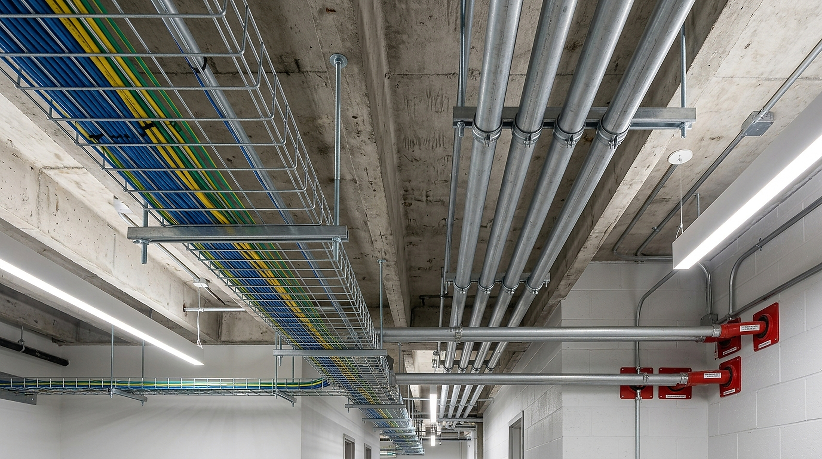 IpOctet field installation showing required 12-inch physical air clearance between steel power conduit and overhead data cable tray