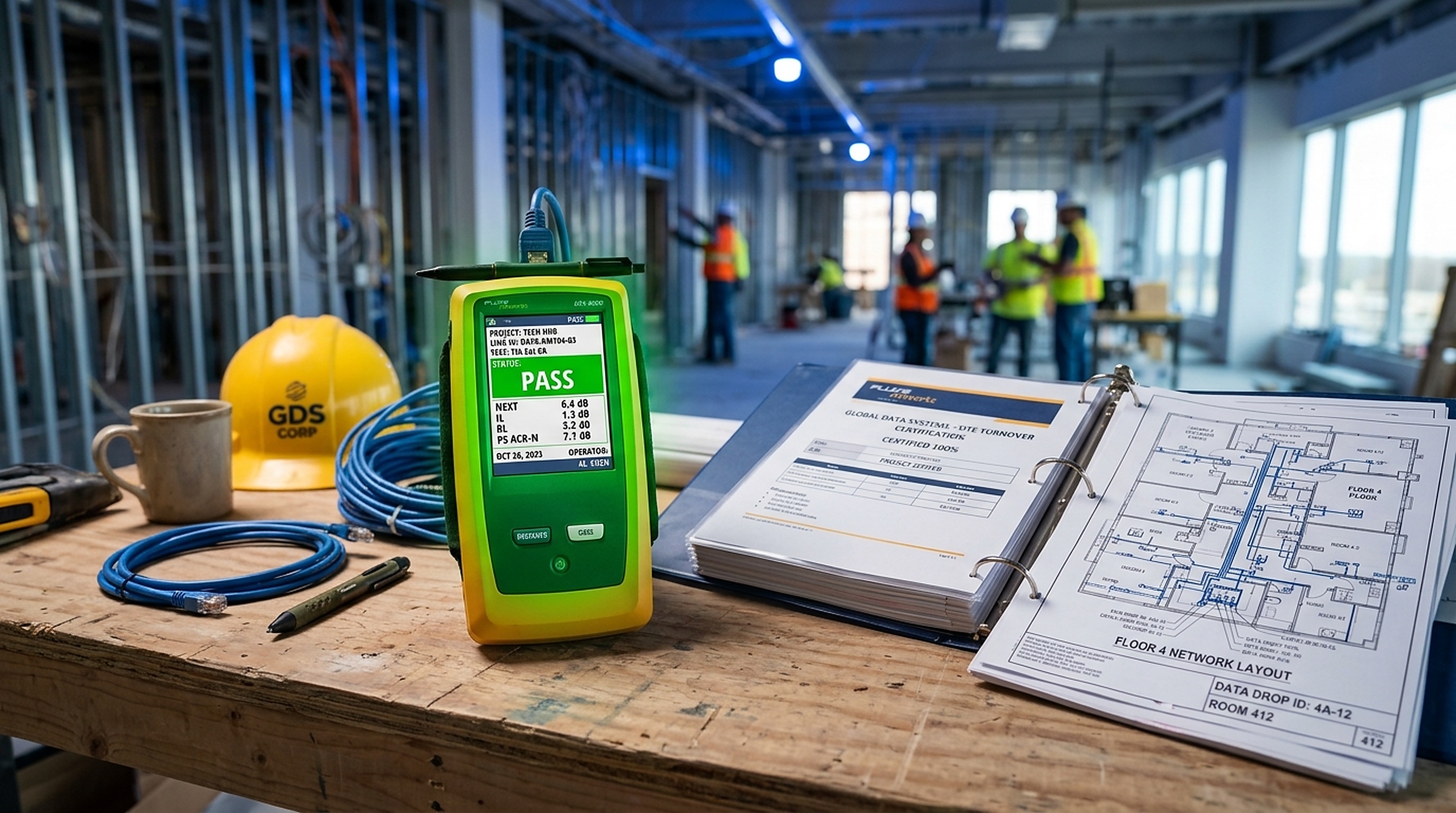 Calibrated Fluke DSX network tester permanent link certification report with CAD turnover prints and binder