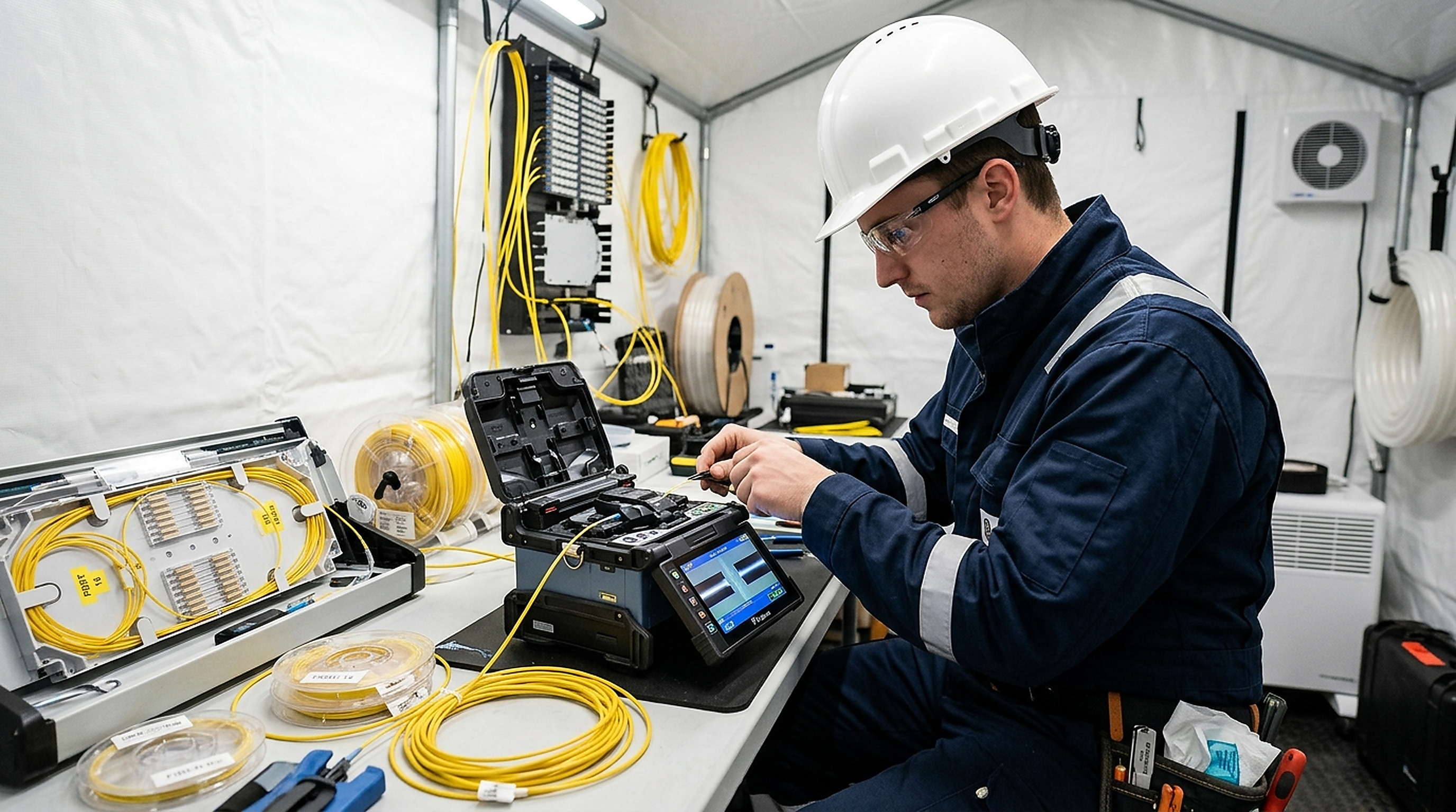Certified IpOctet optical fiber technician in white hard hat managing high-density optical fusion splicing inside clean enclosure