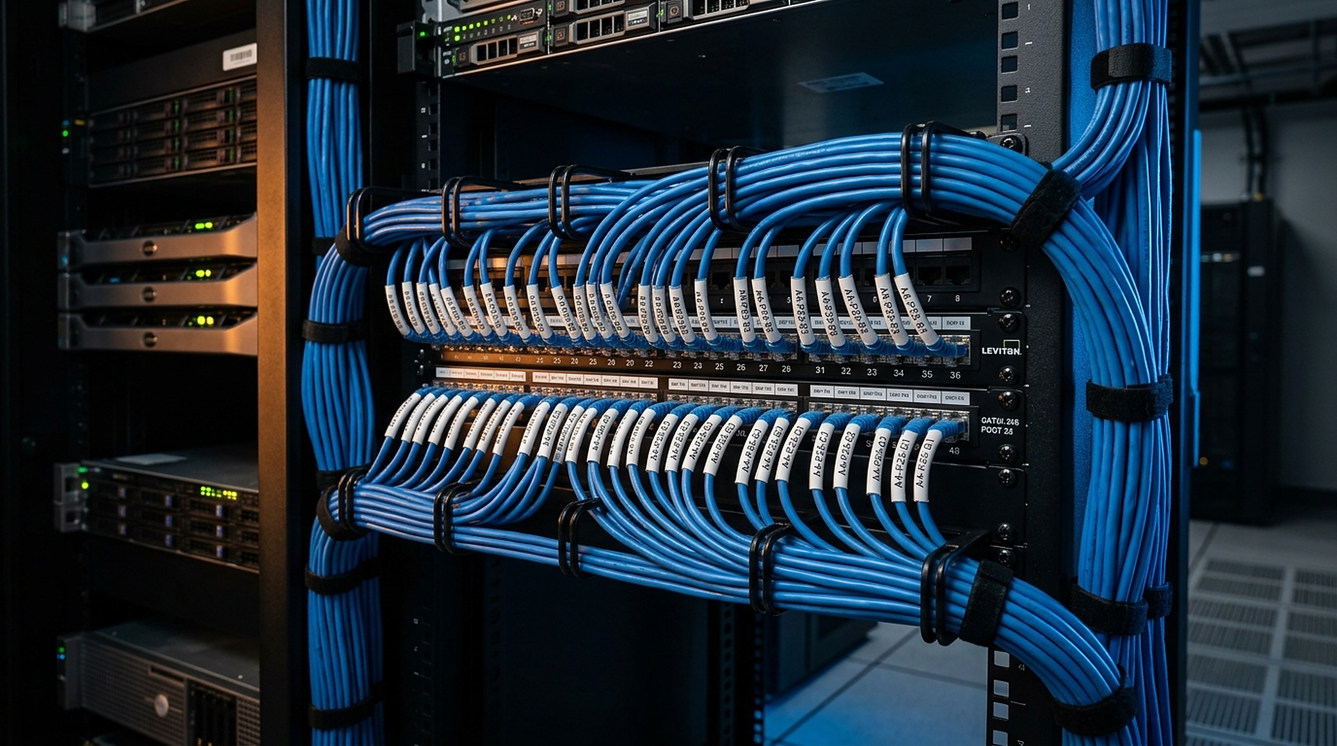 High-density Cat6A patch panel cabling dressed and labeled with machine printed thermal polyolefin heat-shrink markers