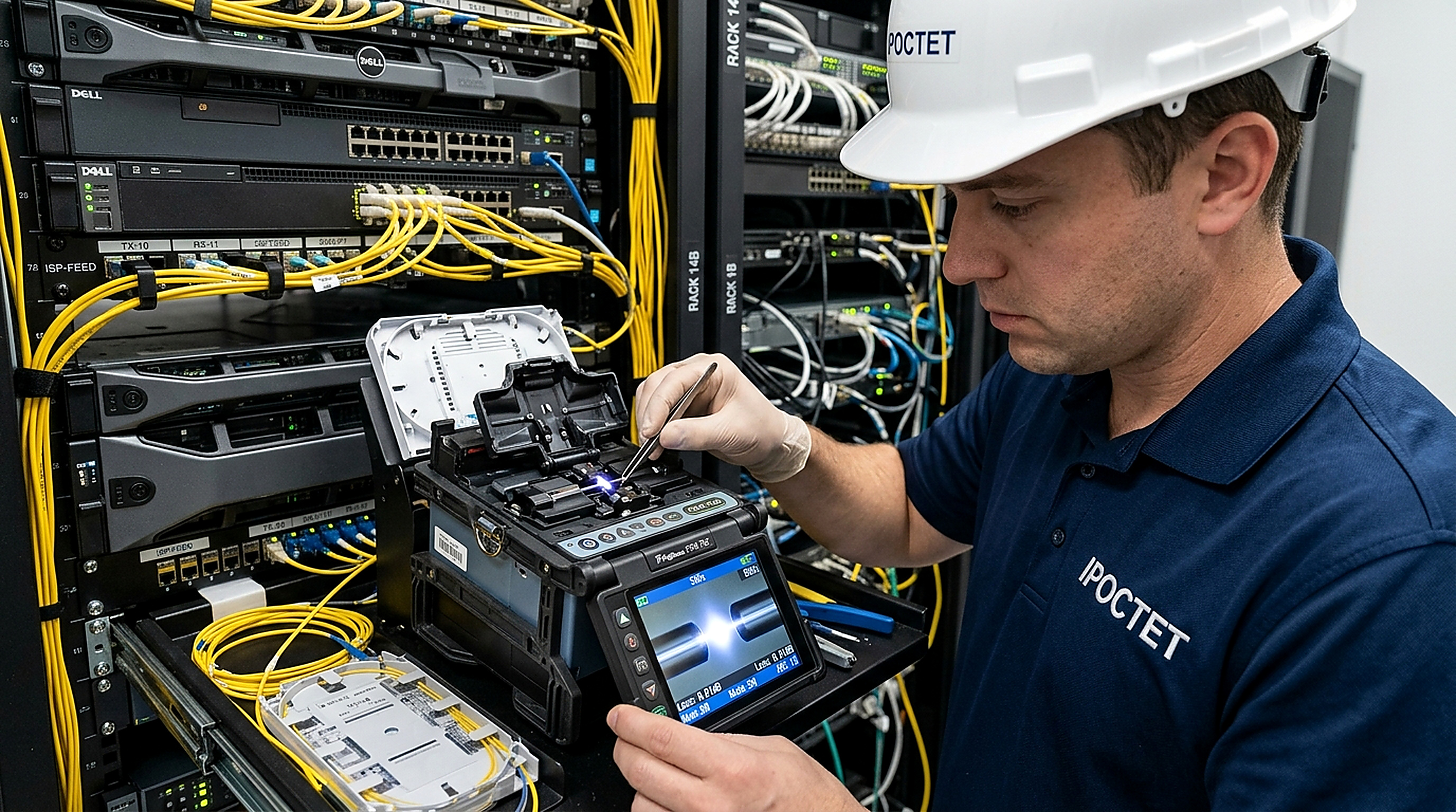 IpOctet technician performing precision optical fiber core alignment fusion splicing