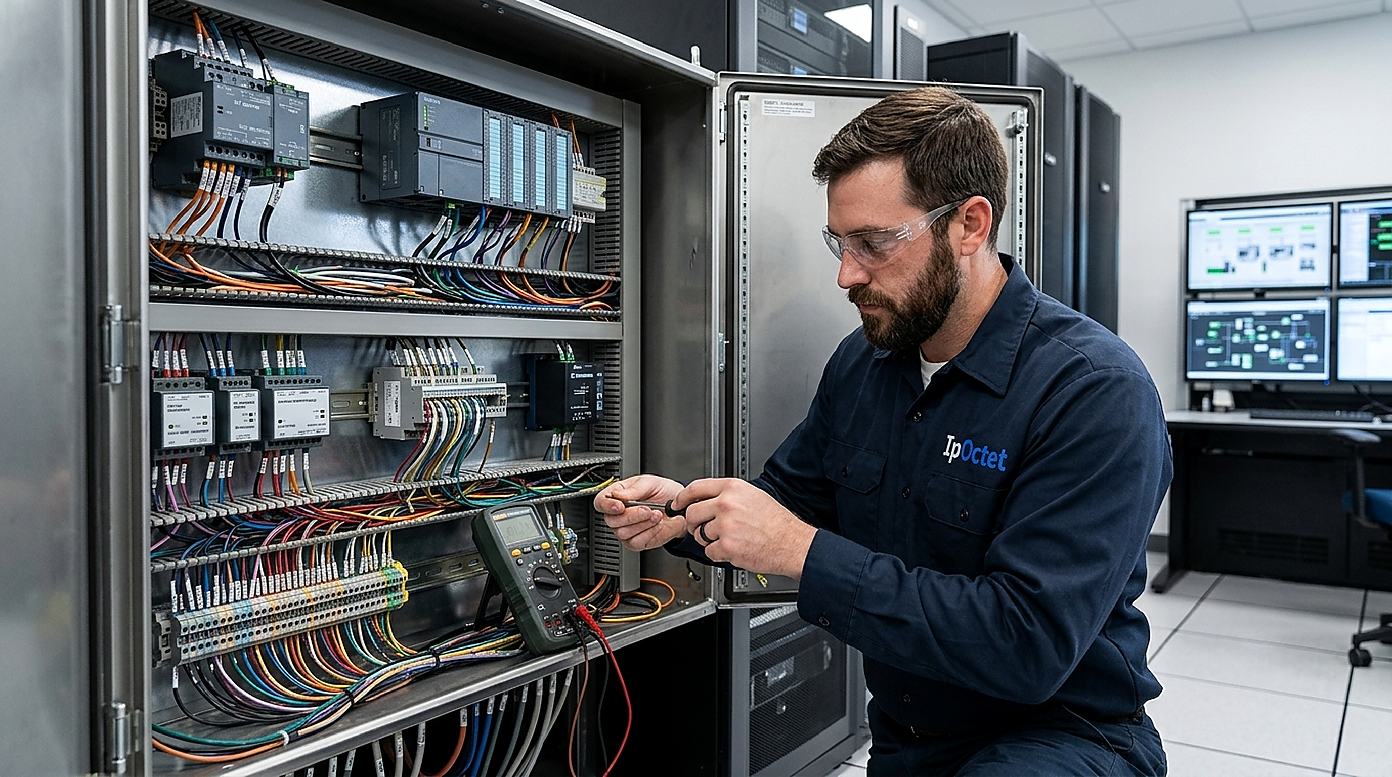 IpOctet field engineer configuring intelligent commercial building BMS telemetry and rack controllers