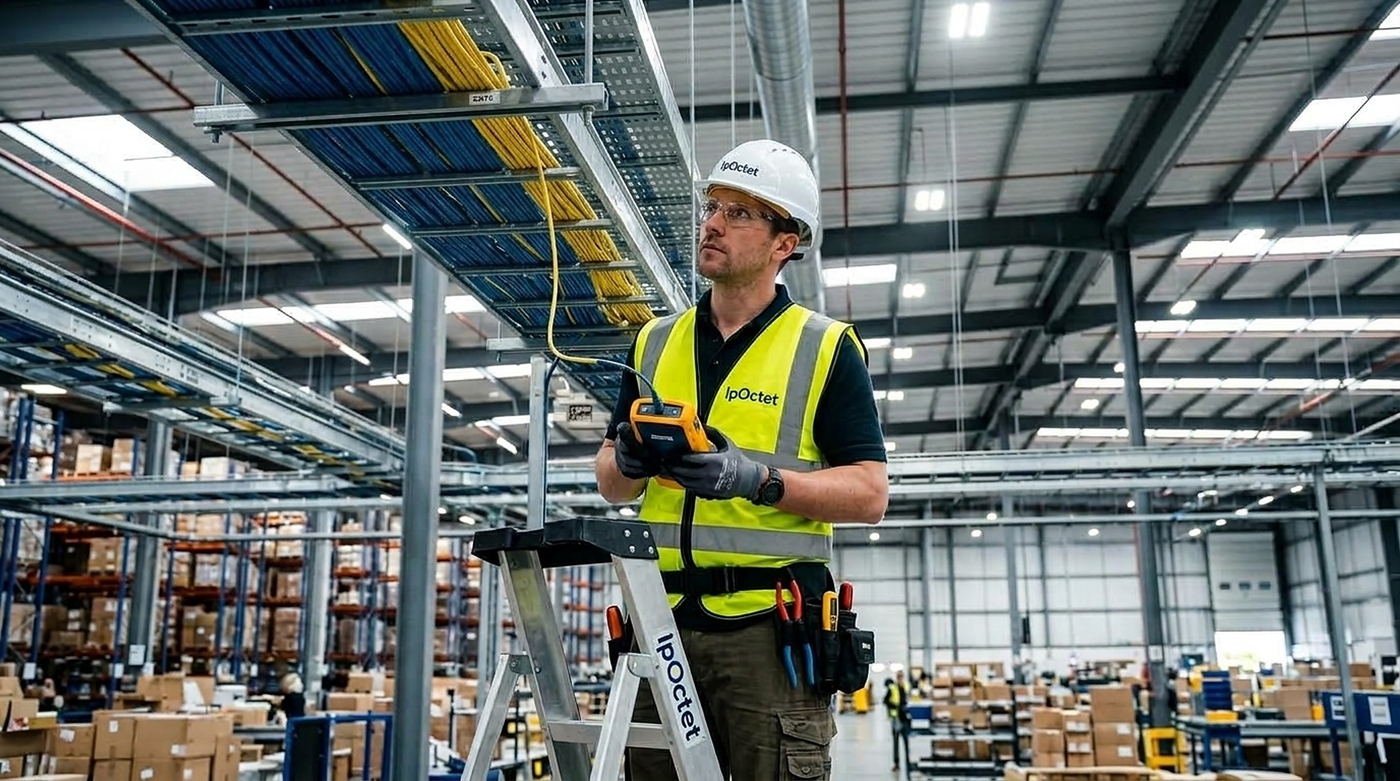IpOctet field technician in white hard hat on safety ladder inspecting overhead wire basket cable tray pathway