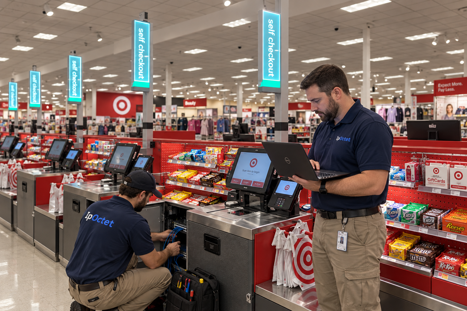 Illustrative IpOctet technicians commissioning network infrastructure in a modern big-box retail checkout area