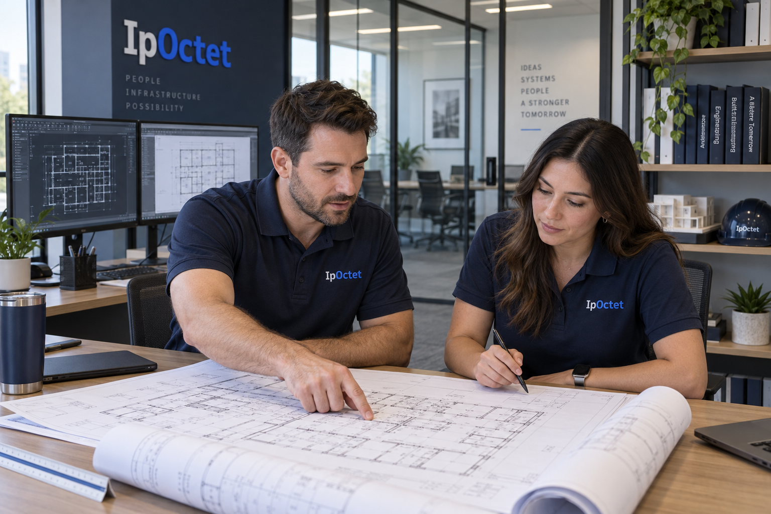 Illustrative IpOctet engineering office with staff reviewing architectural drawings and CAD plans