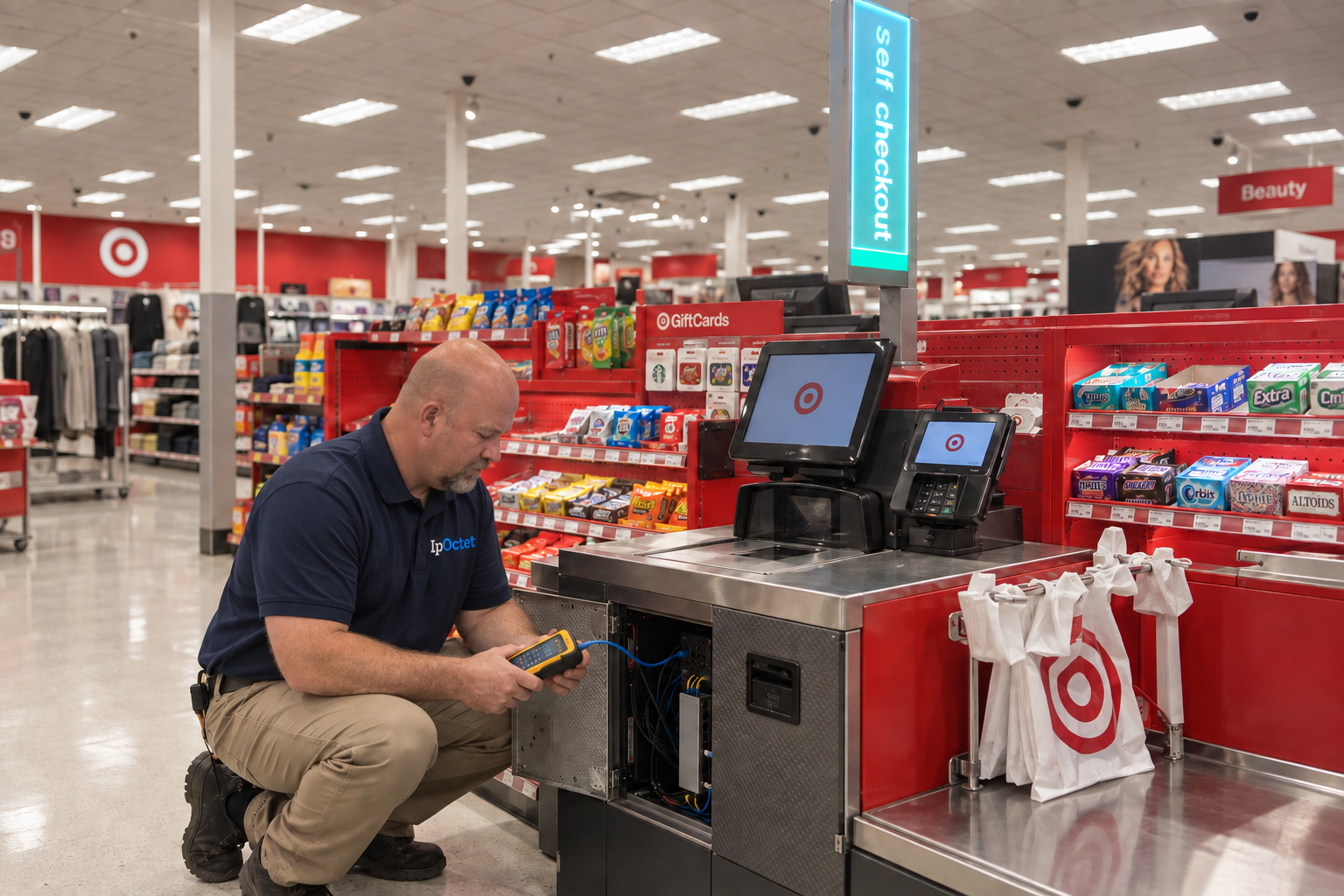 Illustrative scene of Charles servicing network connectivity at a retail self-checkout kiosk in an IpOctet uniform