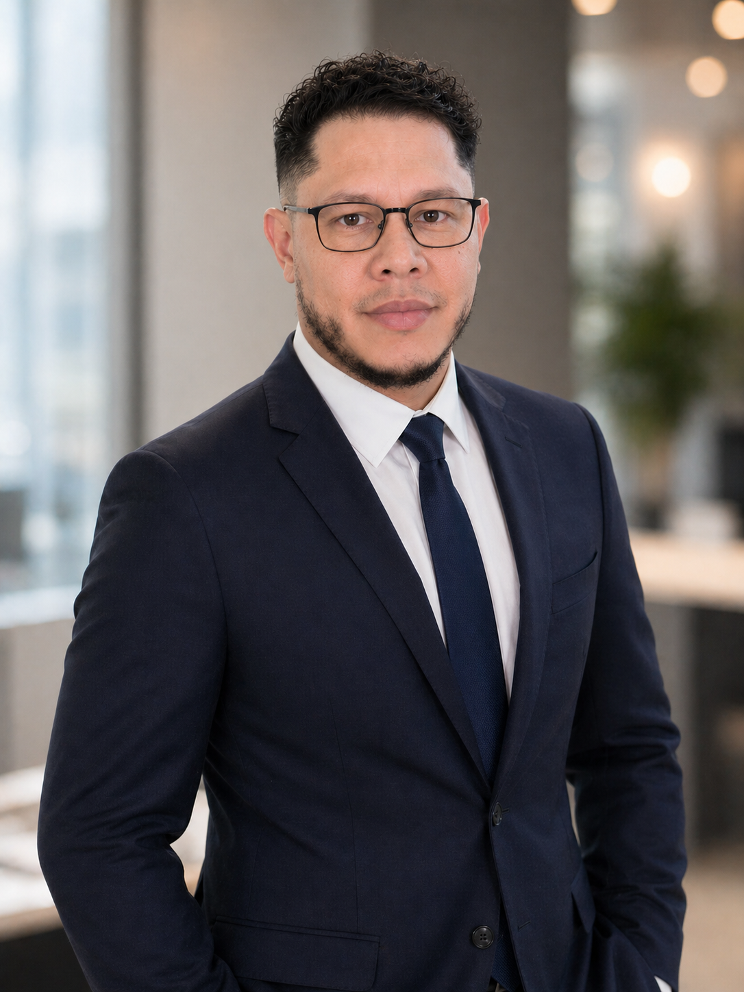 Alex Amaya in a navy suit and glasses