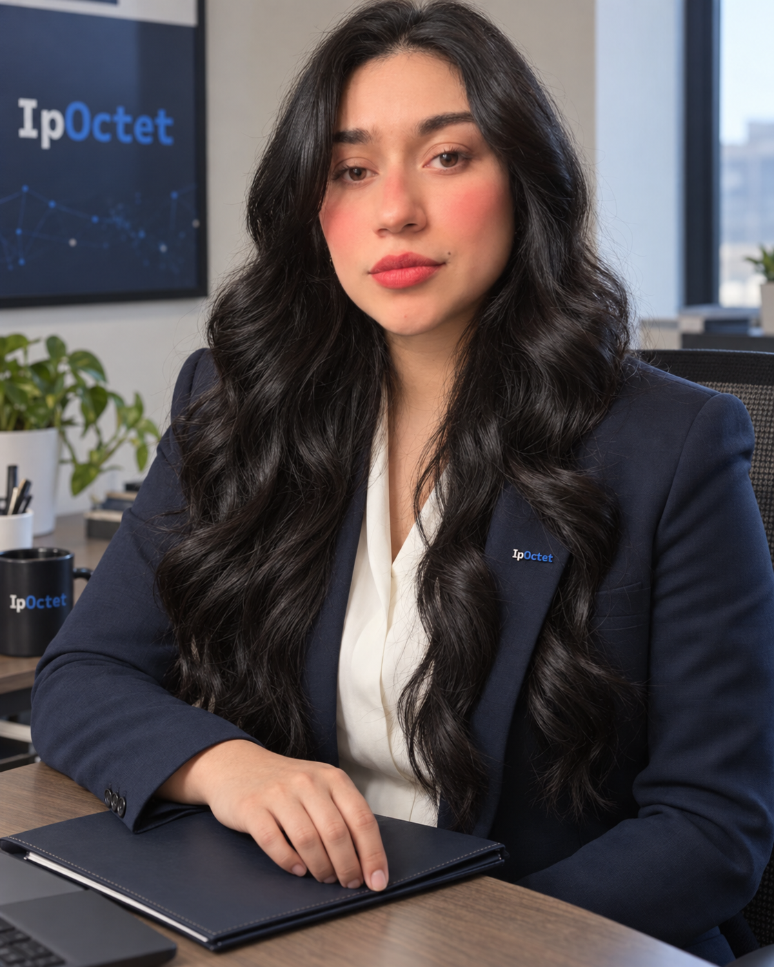 Katerin Araujo seated at an office desk in a navy blazer