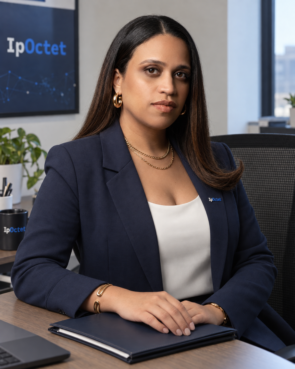 Stephanie Elvir seated at an office desk in a navy blazer